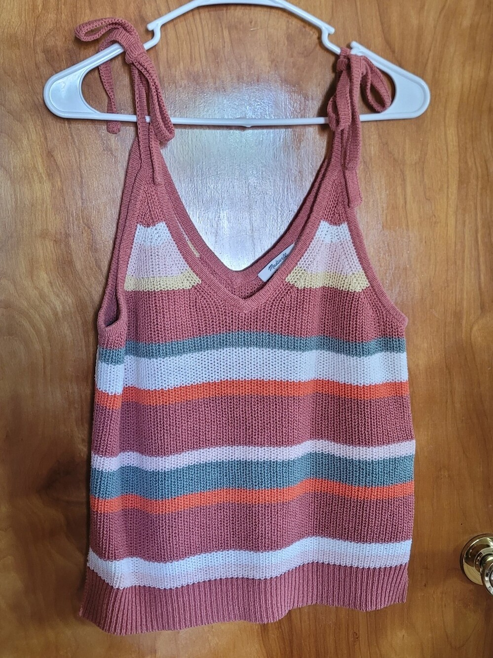 Knit Tie-Shoulder Tank Top in Rose with Multi-Color Stripes